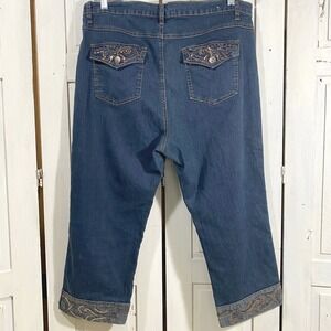 COS Jeans Women 16 Embellished Embroidered Cropped Flap Pockets Med Wash Stretch